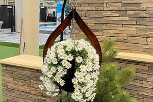 Decorative metal plant holder with a plant inside, set against a stone wall and greenery.