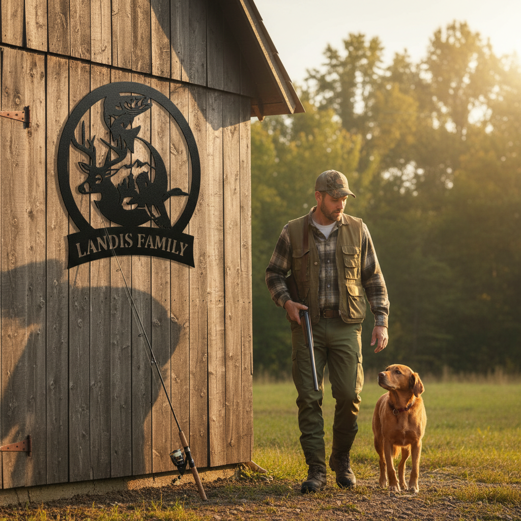 Hunter and Fishing Metal Sign